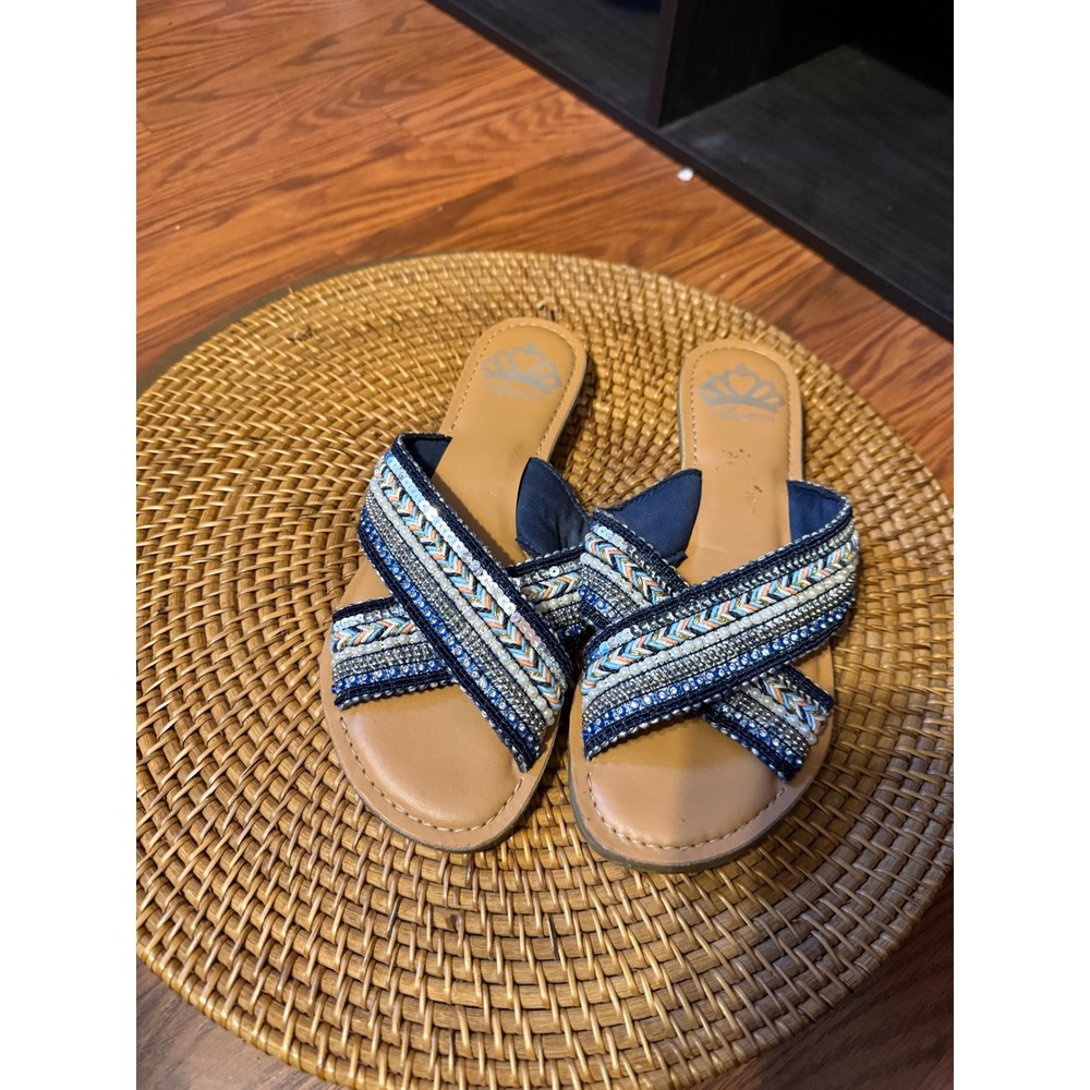 Fergalicious by Fergie Starlit Beaded Sequin Crisscross Slide Sandals Blue 6.5M - Picture 8 of 12